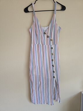 Harper Heritage Striped Pastel Button-Front Midi Dress, Size L